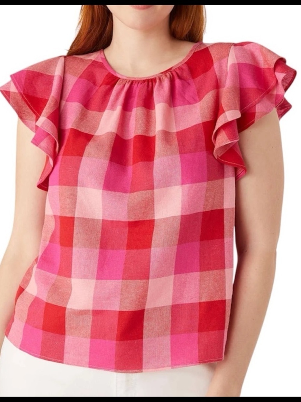 Kate Spade New York Linen Plaid Flutter Sleeve Woven Blouse Deep Hibiscus Size M